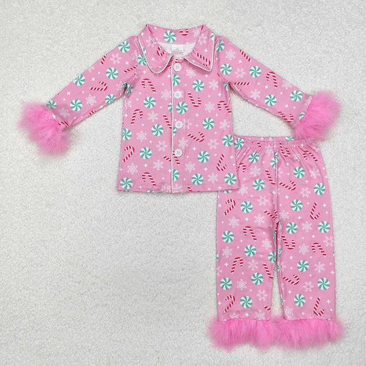 Mama and Me Pink Candy Cane Button Top Pants Christmas Fur Pajamas Sets