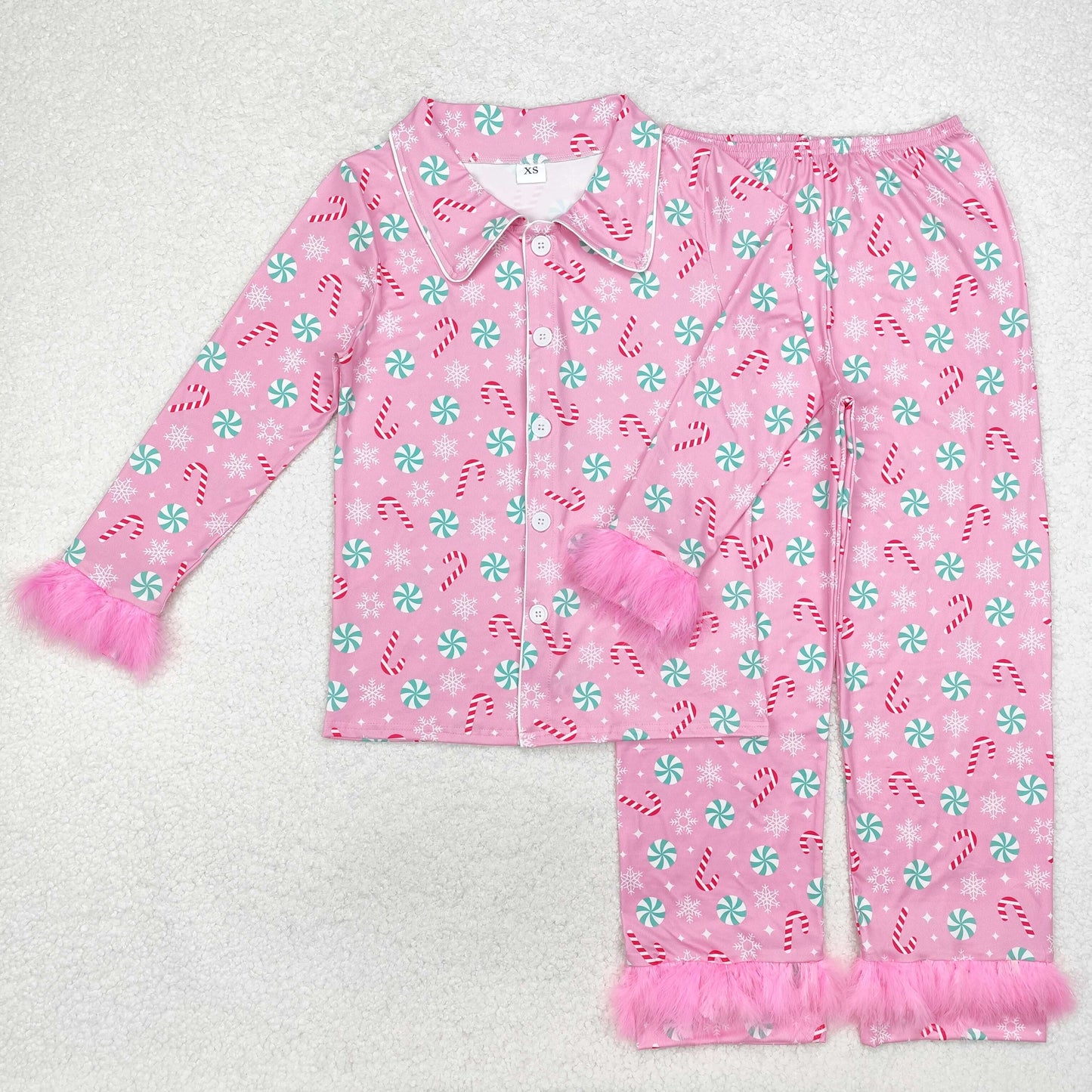 GLP2028 Adult Candy Cane Pink Print Woman Christmas Buttons Fur Pajamas Clothes Set