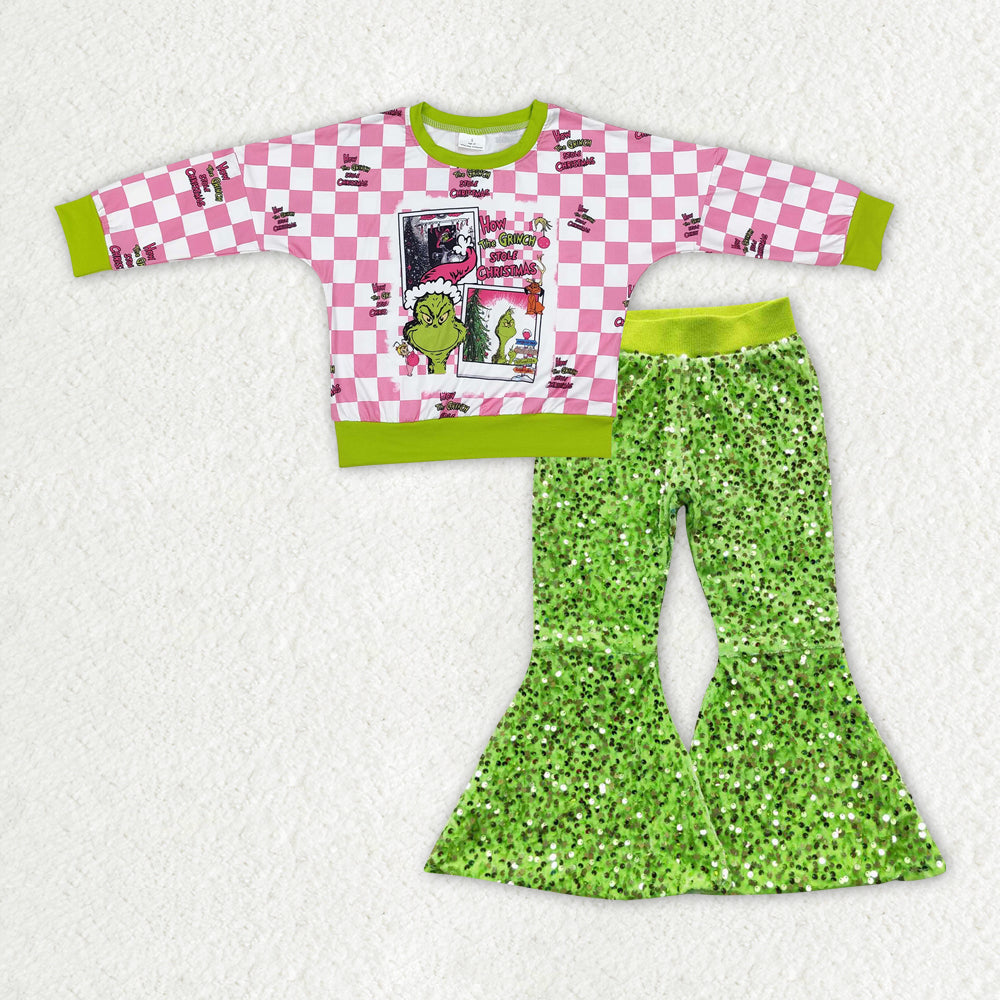 GLP2142 Green Frog Checkered Top Green Sequin Bell Pants Girls Christmas Clothes Set