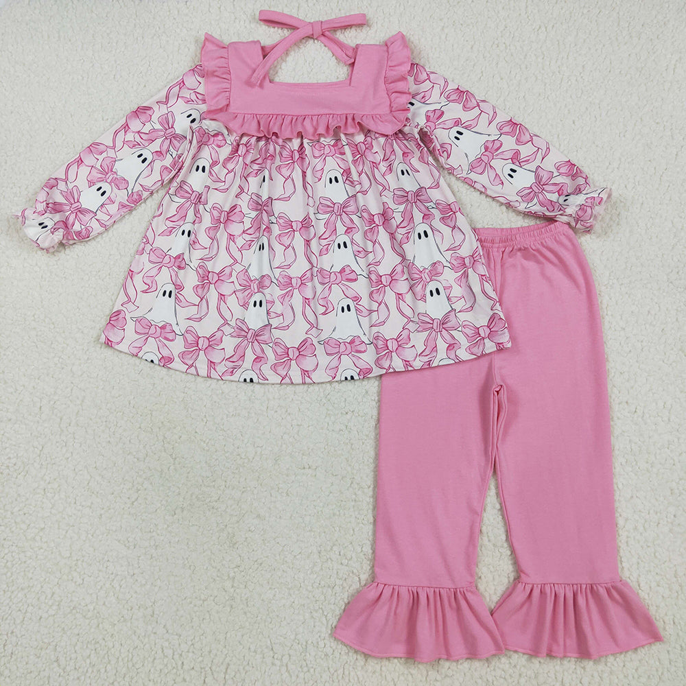 GLP2362 Ghost Bows Tunic Top Pink Pants Girls Halloween Clothes Set