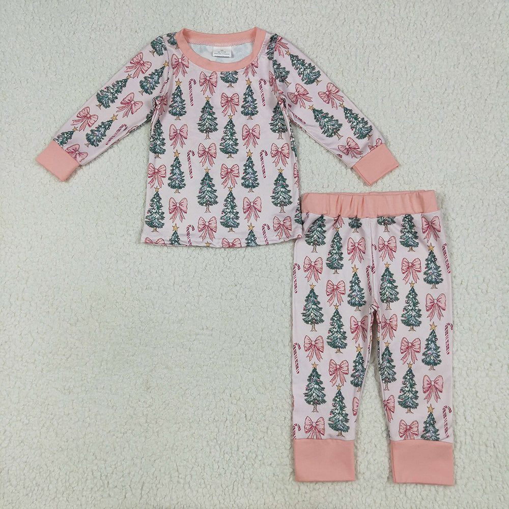 GLP2423 Tree Candy Cane Bows Print Girls Christmas Pajamas Clothes Set
