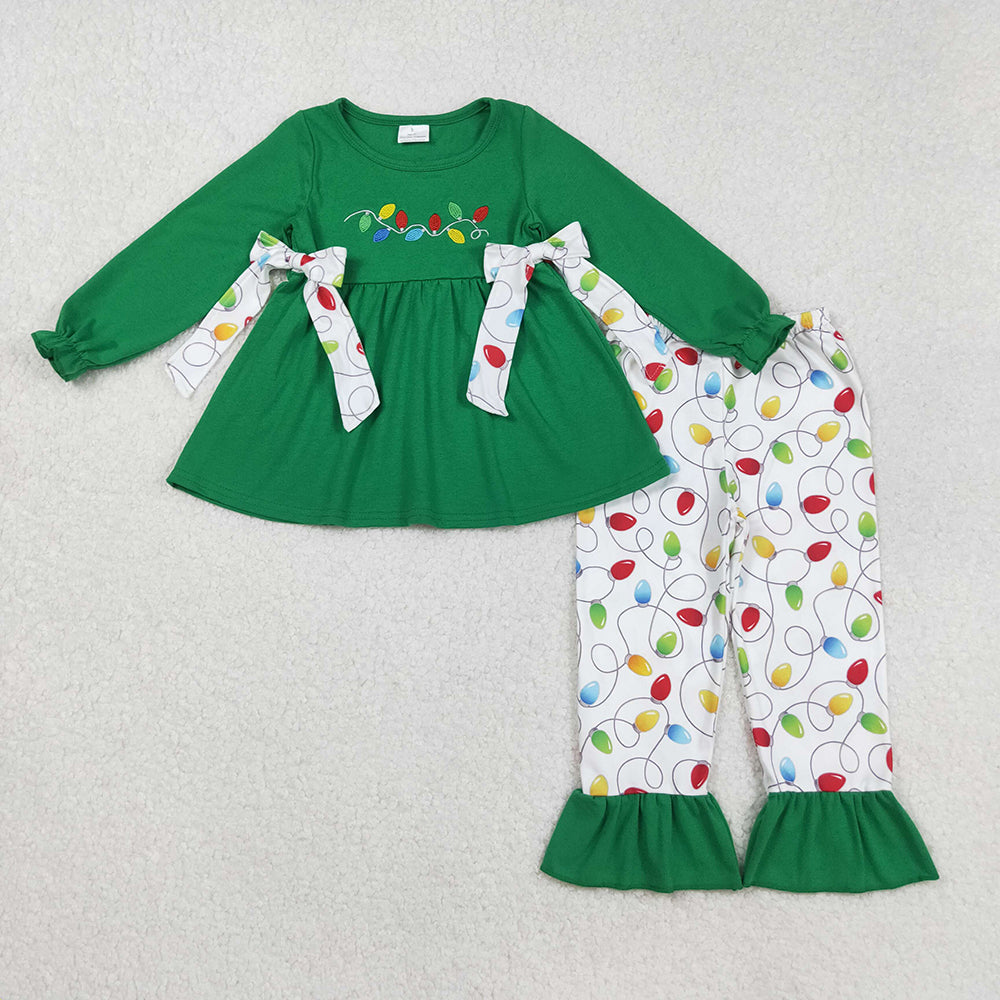 GLP2491 Lights Embroidery Green Tunic Top Ruffle Pants Girls Christmas Clothes Set