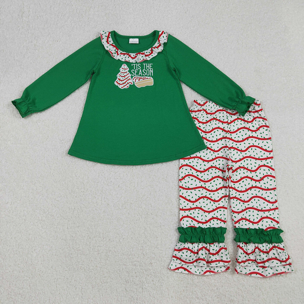 GLP2518 'TIS THE SEASON Cake Embroidery Green Top Ruffle Pants Girls Christmas Clothes Set
