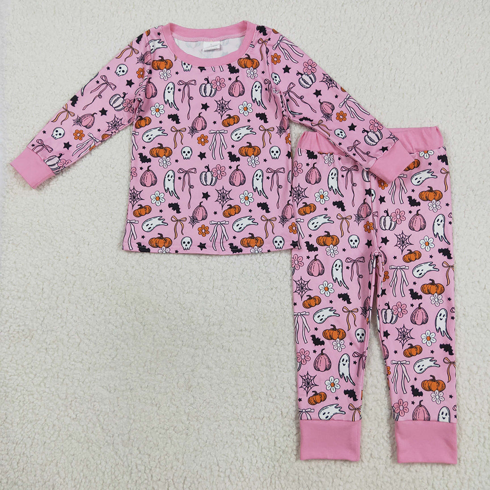 GLP2567 Pumpkin Ghost Flowers Bows Pink Print Girls Halloween Pajamas Clothes Set