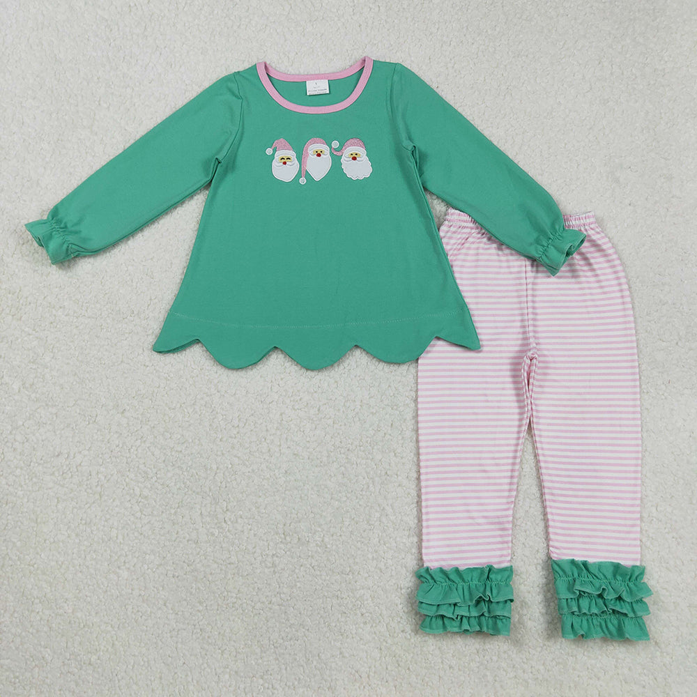 GLP2575 Santa Embroidery Green Scallop Tunic Top Stripes Pants Girls Christmas Clothes Set