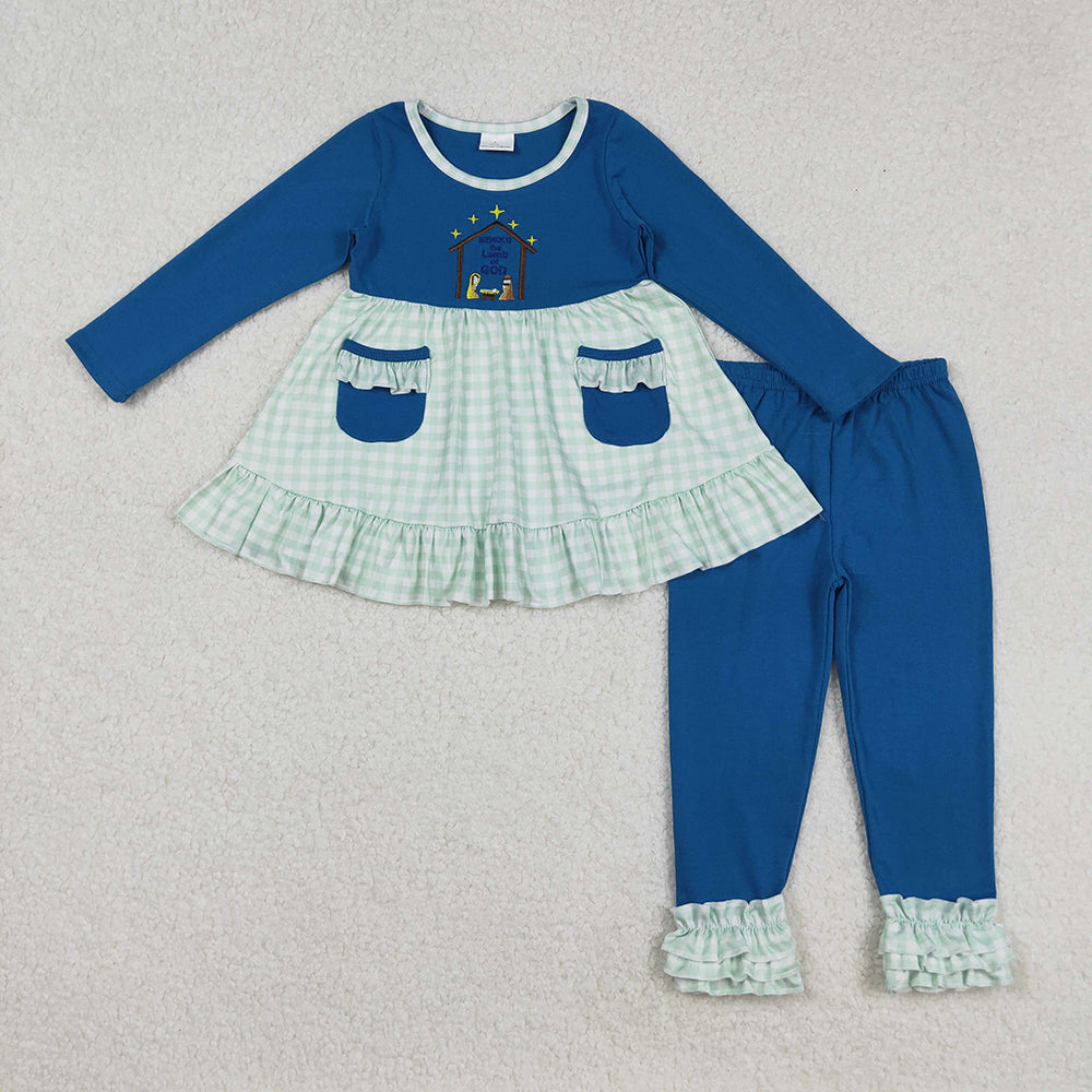 GLP2625 Nativity Embroidery Checkered Pockets Tunic Top Blue Pants Girls Christmas Clothes Set