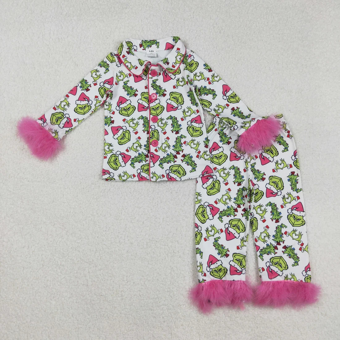 Sibling Baby Girls Sister Christmas Green Face Bows Buttons Top Pants Fur Pajamas Clothes Sets