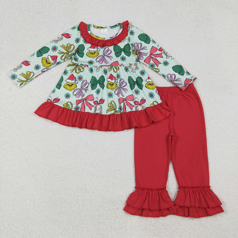 GLP2651 Green Frog Flowers Bows Tunic Top Red Pants Girls Christmas Clothes Set