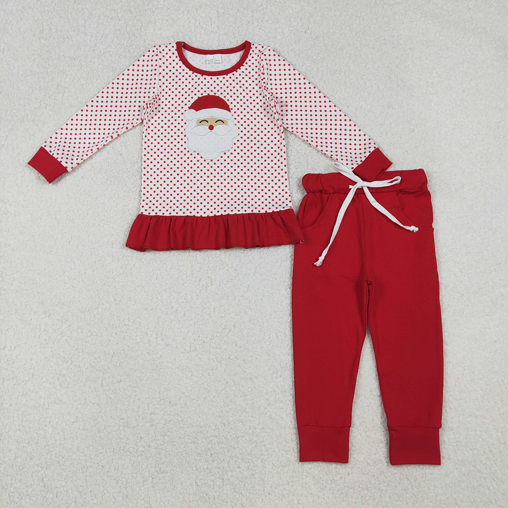 GLP2708 Santa Embroidery Dots Top Red Pants Girls Christmas Clothes Set