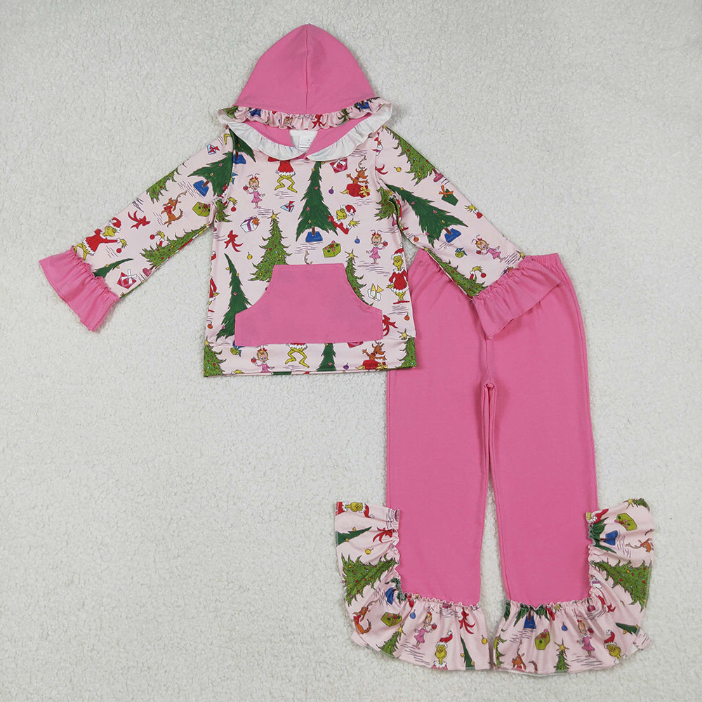 GLP2709 Green Frog Hoodie Top Pink Pants Girls Christmas Clothes Set