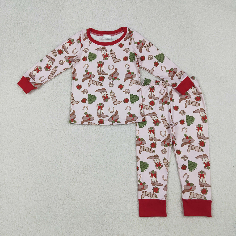 GLP2729 Boots Holly Print Girls Christmas Pajamas Clothes Set