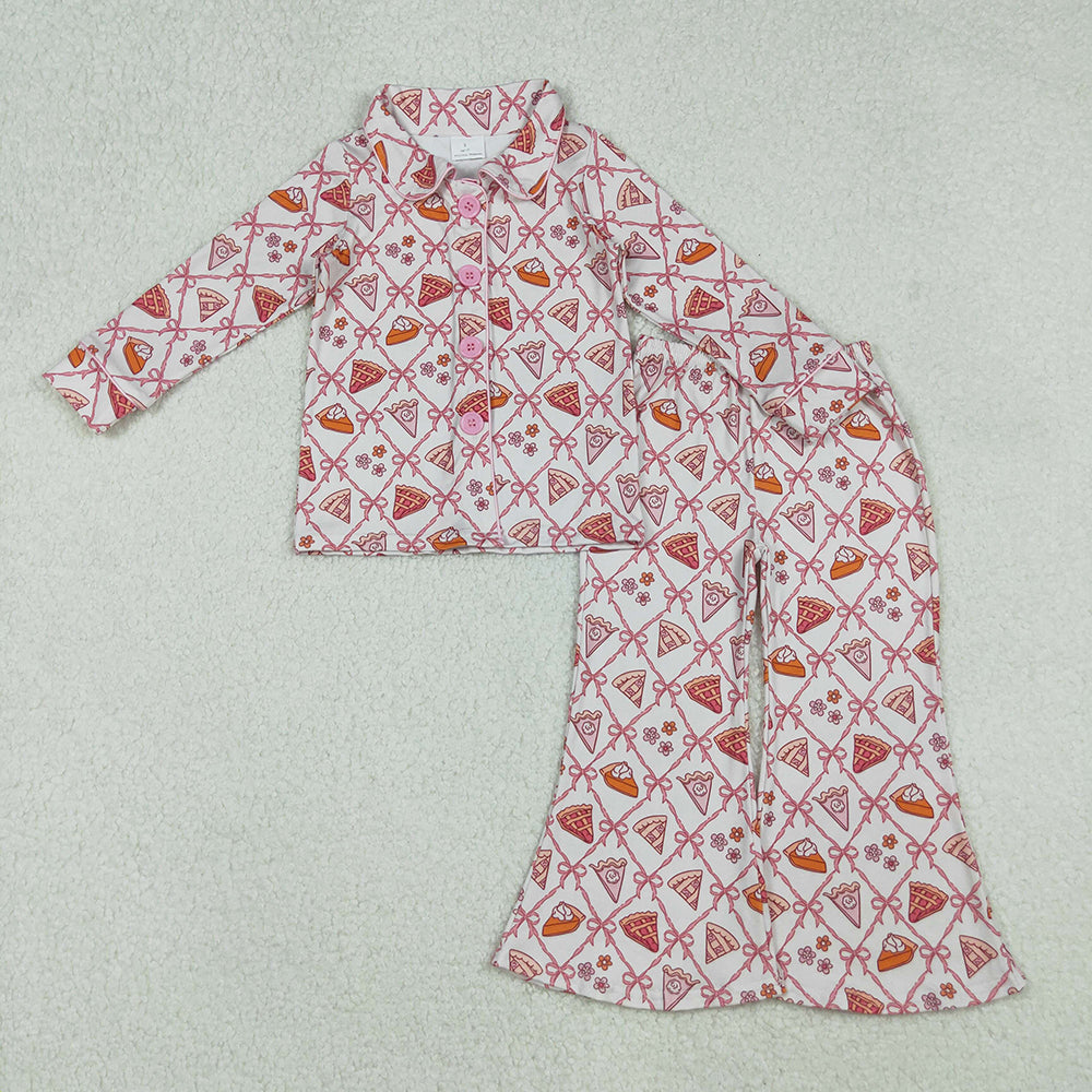 GLP2738 Pie Bows Buttons Top Bell Pants Girls Thanksgiving Pajamas Clothes Set