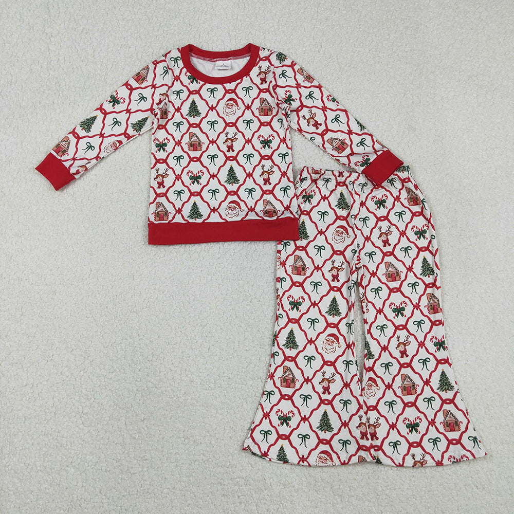 GLP2878 Santa Candy Cane Bows Top Bell Pants Girls Christmas Clothes Set