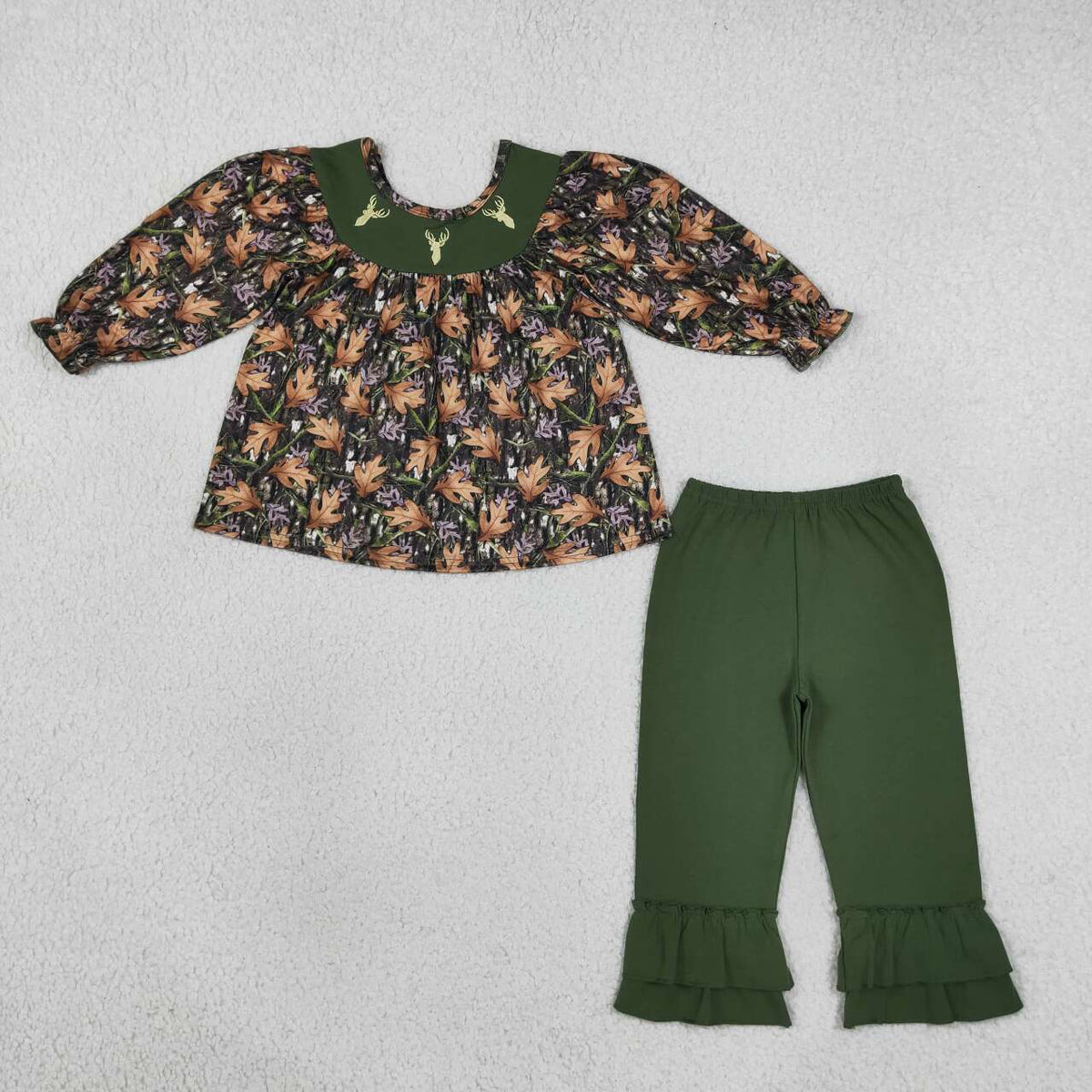 GLP2908 Deer Embroidery Branch Camo Top Ruffle Green Pants Girls Clothes Set