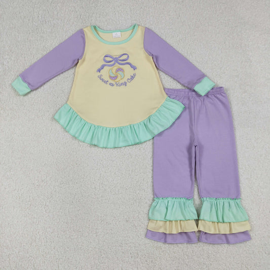 Sibling Baby Girls Embroidery Sweet as King Cake Ruffle Pants Mardigras Set Rompers