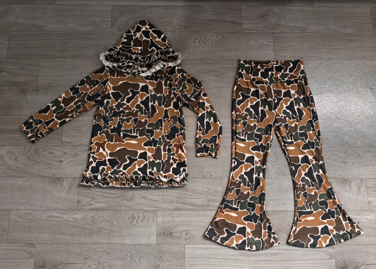 GLP3078 Brown Camo Ruffle Hoodie Top Bell Pants Girls Clothes Set