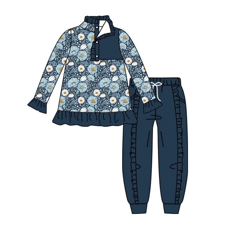 4.16 Girls Floral Print Ruffle 2-Piece Outfit - Navy Blue Long Sleeve Top & Ruffle Jogger Pants Set Preorder