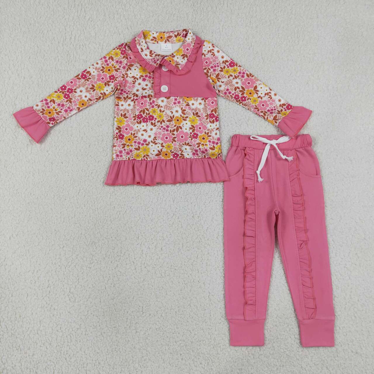 GLP3315 Pink Floral Button Pullover Top Ruffle Pockets Pants Girls Fall Clothes Set