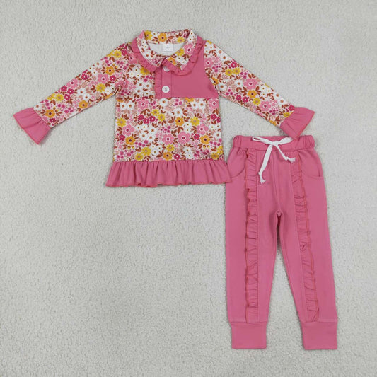 GLP3315 Pink Floral Button Pullover Top Ruffle Pockets Pants Girls Fall Clothes Set