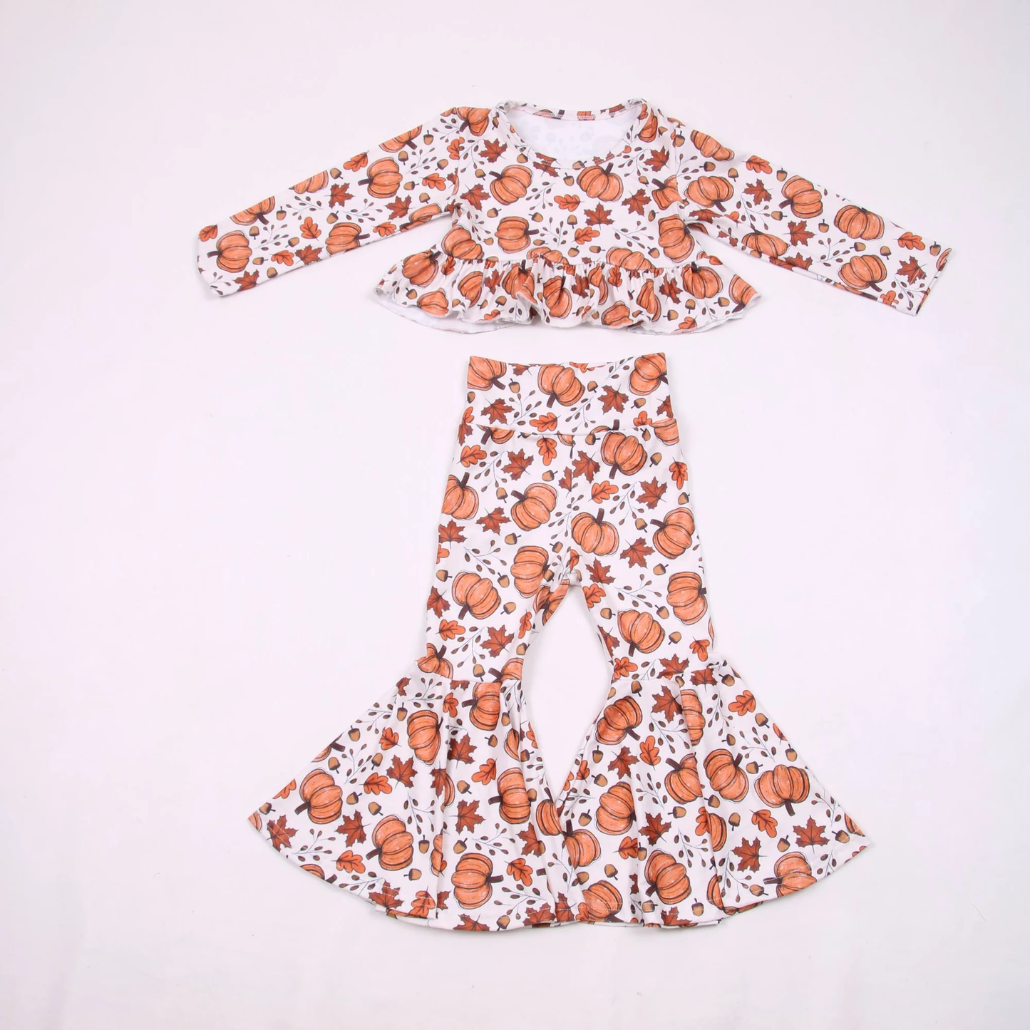 4.23 Toddler Girls Pumpkin Leaf Outfit Long Sleeve Top +Bell Bottom Pants Set Preorder