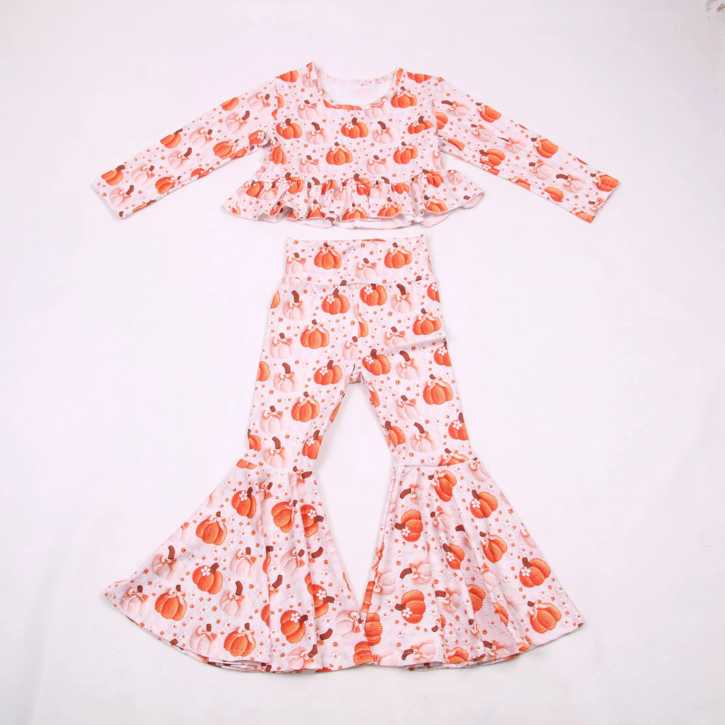 4.23 Toddler Girls Floral Pumpkin Outfit Long Sleeve Top +Bell Bottom Pants Set Preorder