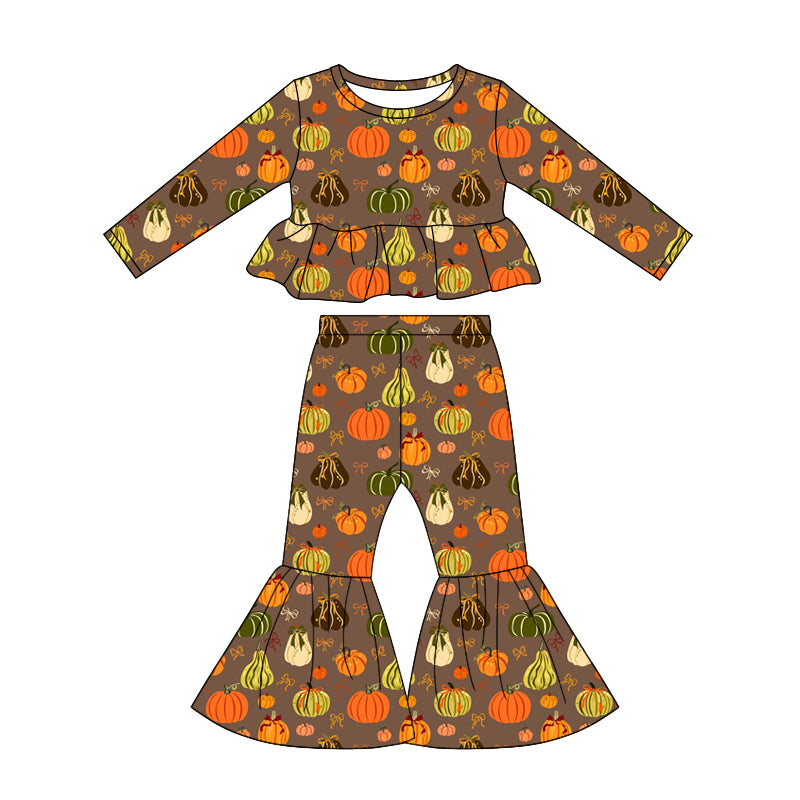 4.25 GLP3342 Toddler Girls Pumpkin Bows Outfits Long Sleeve Top +Bell Bottom Pants Set Preorder