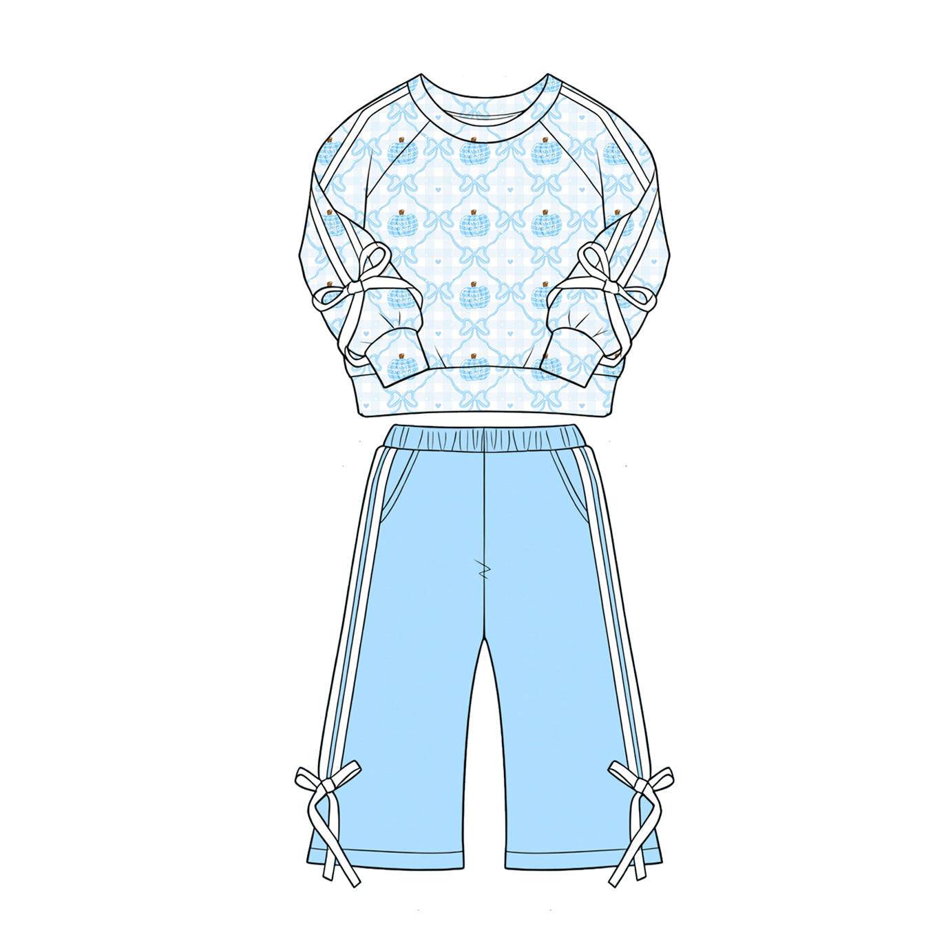 4.28 Girls Blue Gingham Pumpkin Bow Outfit - Sweatshirt & Light Blue Pants Preorder