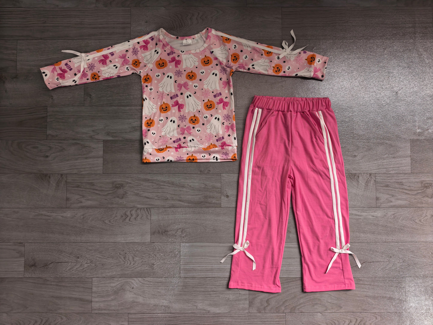 Girls Pink Ghost Halloween Outfit - Cute Spooky Print Top & Pink Pants