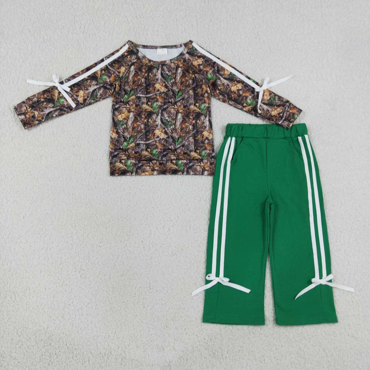 GLP3358 Branch Raglan Sleeve Top Green Straight Pockets Pants Girls Clothes Set