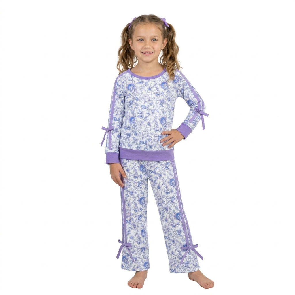 GLP3365 Blue Floral Print Lavender Trim Bow Pockets Pants Girls Clothes Set