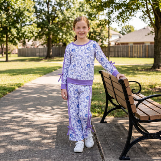 Flowers Print Top Straight Pants Girls Bows Clothes Set Sisters Wear