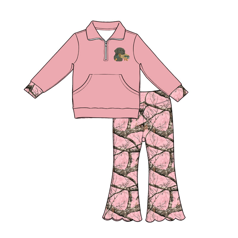 5.1 Kids Girls Hunting Dog Pullover Top +Pink Camo Flare Pants Outfit Preorder