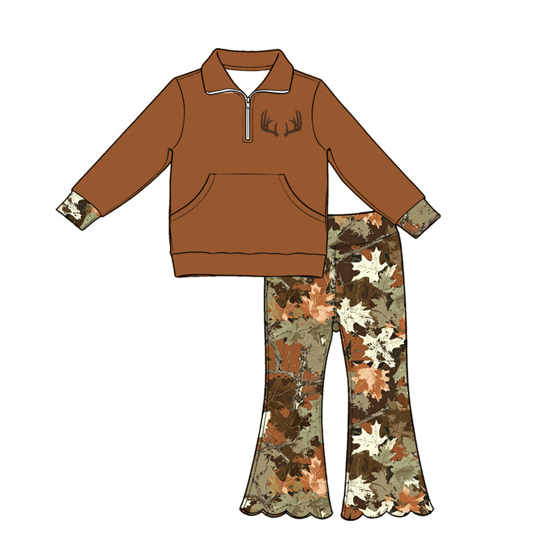 5.1 Kids Girls Brown Antler Pullover Top + Leaf Camo Flare Pants Outfit Preorder
