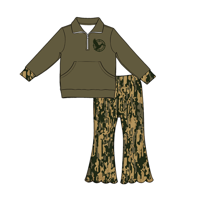 5.1 Kids Girls Dark Olive Pullover Top + Camo Flare Pants Outfit Preorder