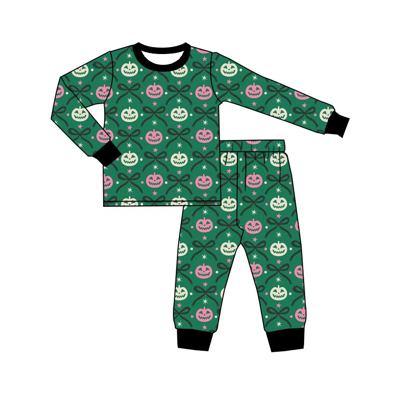 5.1 GLP3374 Pumpkin Bows Green Baby Girls Halloween Pajamas Clothes Set Preorder