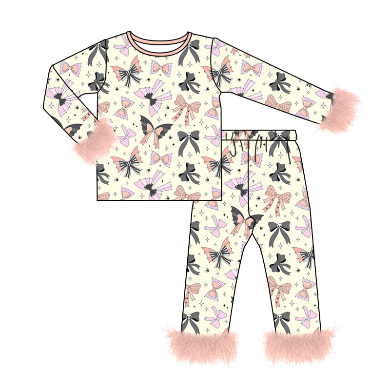 5.13 Girls Cream Halloween Bat & Bow Pajama Set With Feather Preorder