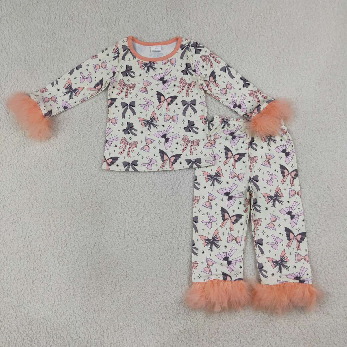 GLP3386 Bows Spiders Print Girls Halloween Fur Pajamas Clothes Set