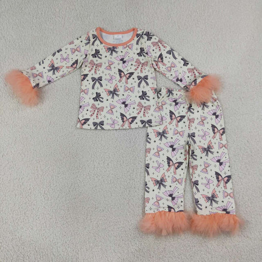 GLP3386 Bows Spiders Print Girls Halloween Fur Pajamas Clothes Set