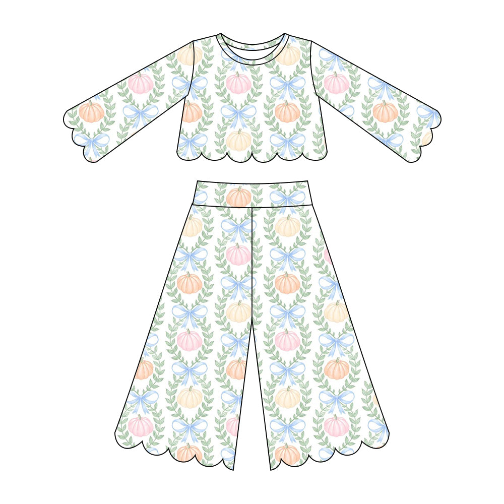 5.15 Preorder GLP33935 Pumpkin Bows Print Girls Scallop Fall Clothes Set