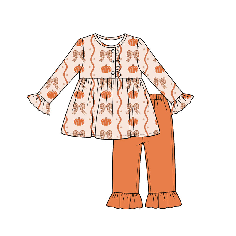 5.18 Preorder Baby Girls Fall Pumpkin & Bow Print Tunic & Pants Set