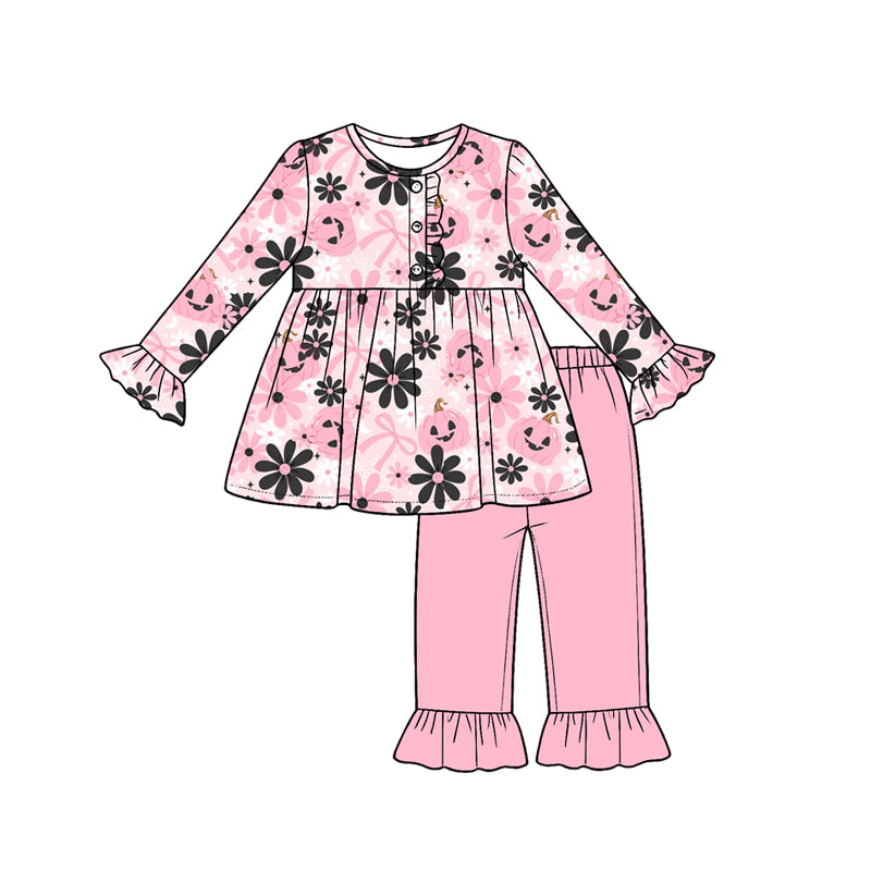 5.18 Preorder Baby Girls Fall Pumpkin & Bow Print Tunic Top witn Pants Outfit