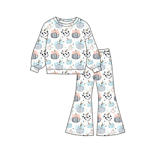 GLP3403 Preorder Pumpkin Bows Print Bell Pants Girls Fall Clothes Set