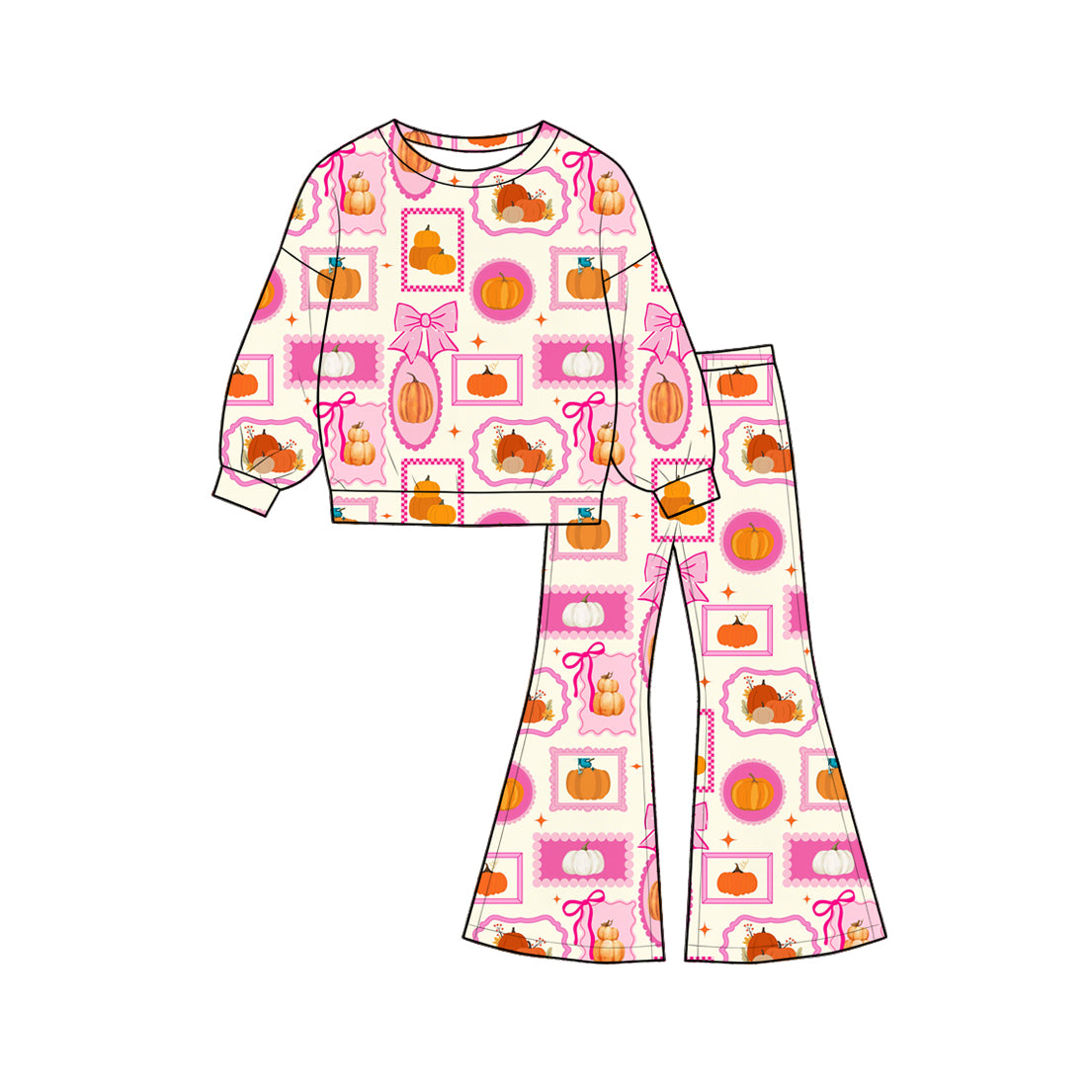 5.20 GLP3405 Preorder Pumpkin Bows Pink Print Bell Pants Girls Fall Clothes Set