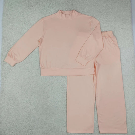 Sibling Adult Solid Color Cotton Mock Neck Long Sleeve Top Wide Leg Pants Outfit