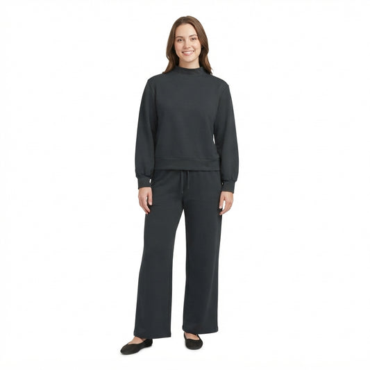 Mommy and Me Black Solid Color Cotton Long Sleeve Top Pants Outfit