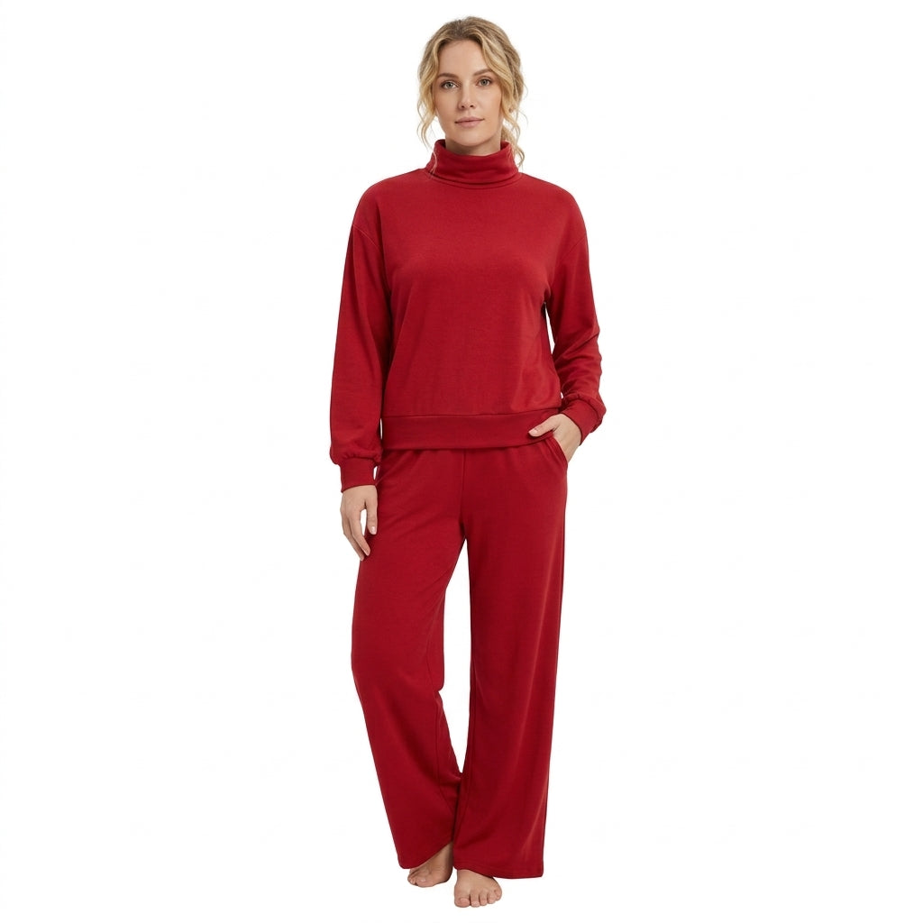 Mommy and Me Maroon Solid Color Cotton Long Sleeve Top Pants Outfit