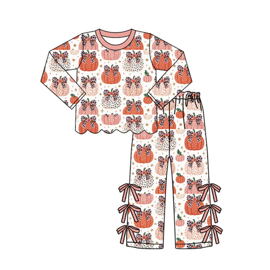 6.27 Preorder GLP3435 Pumpkin Bows Scallop Top Bows Pants Girls Fall Clothes Set