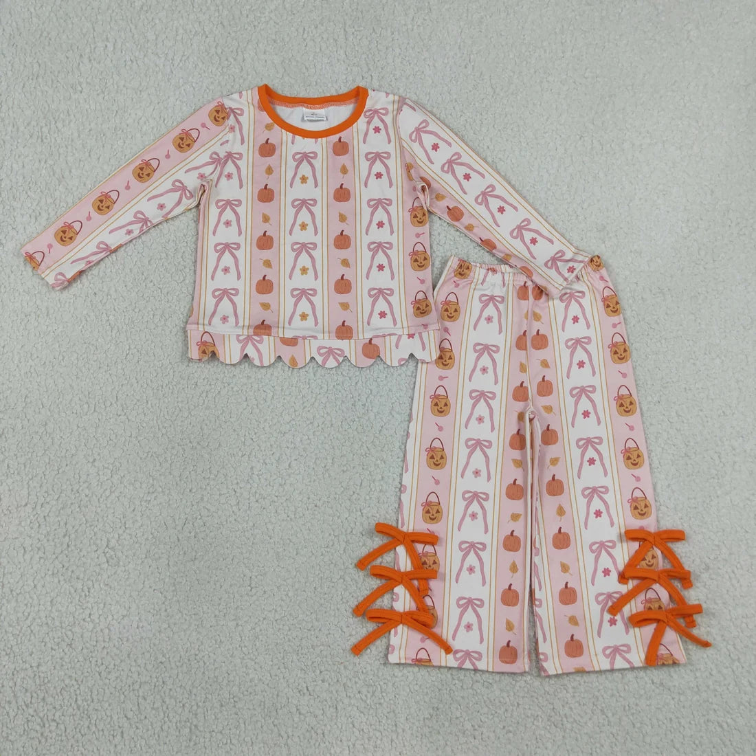 Sibling Baby Girls Bows Pumpkin Scallop Top with Flare Pants Outfit