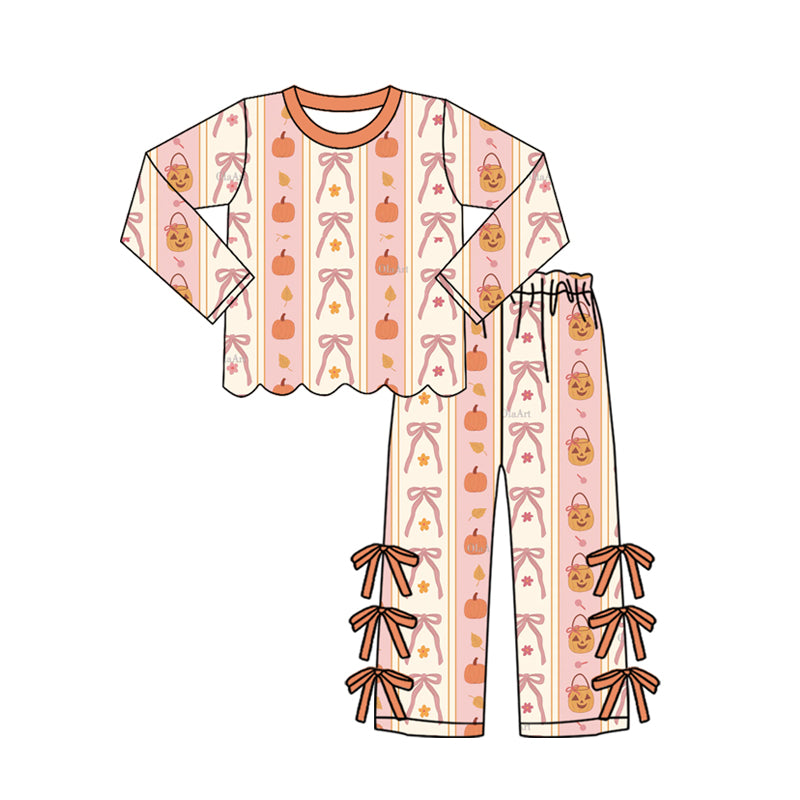 6.27 Preorder GLP3436 Pumpkin Bows Scallop Top Bows Pants Girls Halloween Clothes Set