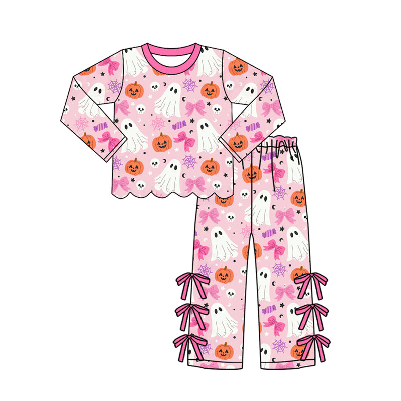 6.27 Preorder GLP3439 Pumpkin Ghost Pink Scallop Top Bows Pants Girls Halloween Clothes Set